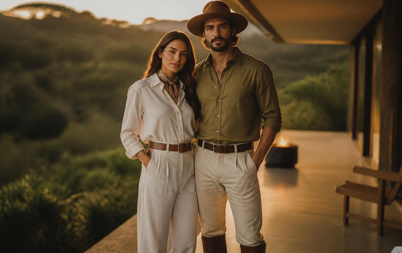 Casal em moda country sofisticada ao entardecer em fazenda contemporânea