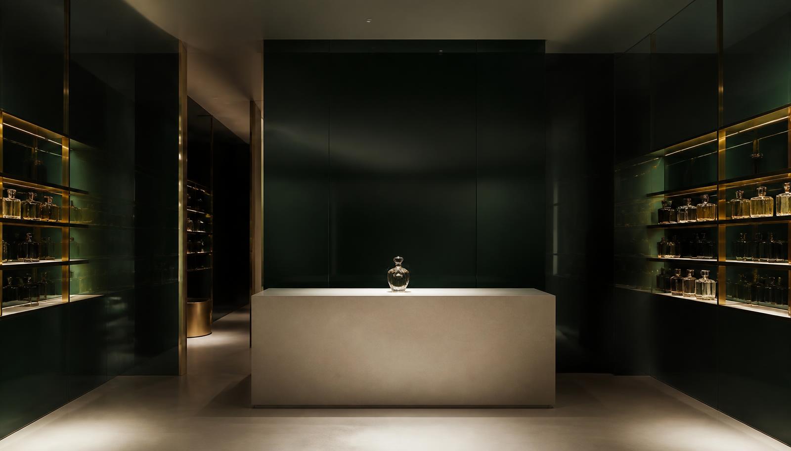 Interior de boutique de luxo em verde profundo com prateleiras douradas